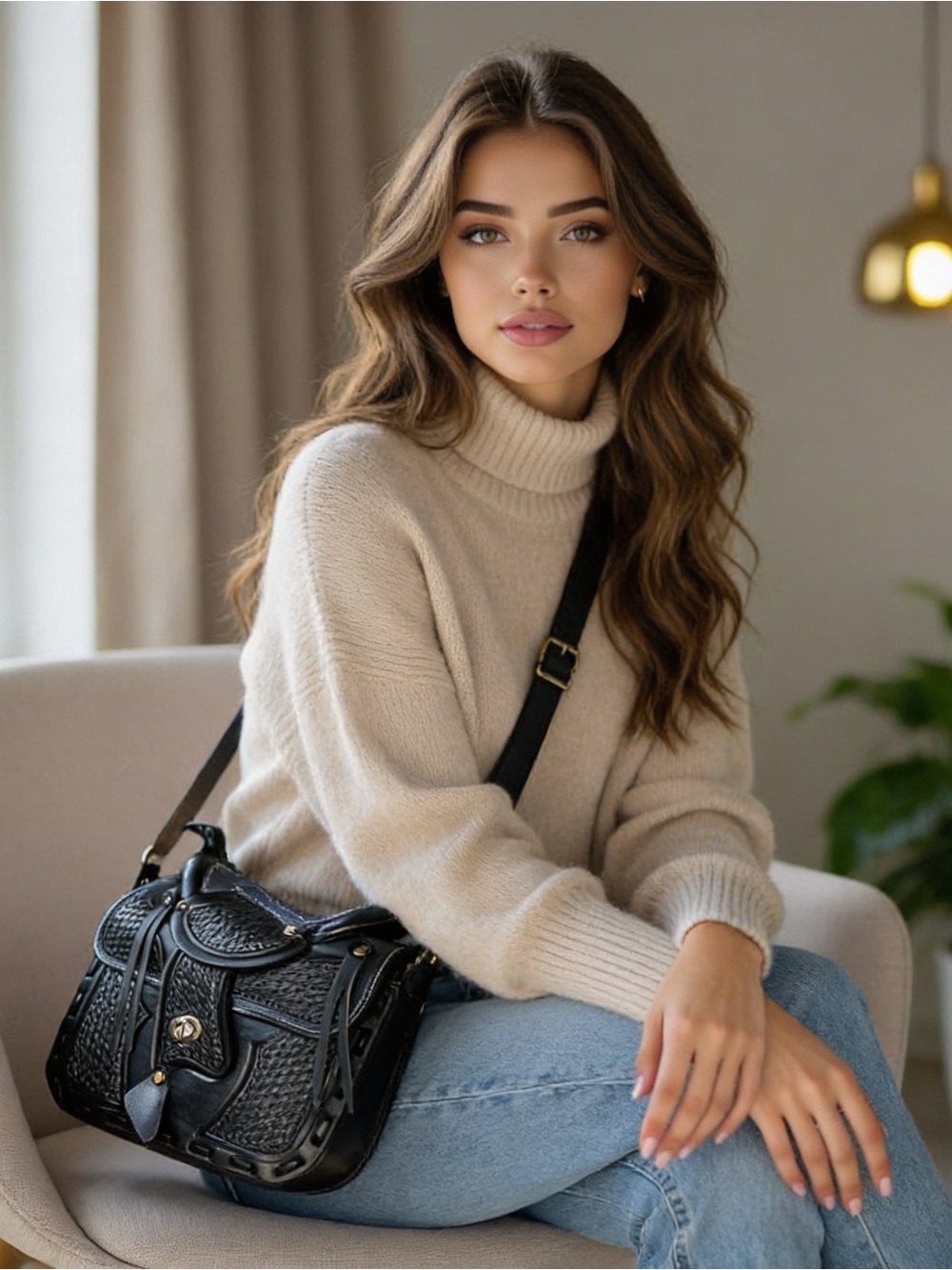 Handcrafted Black Leather Saddle-Shaped Crossbody Bag - Picture 8 of 11